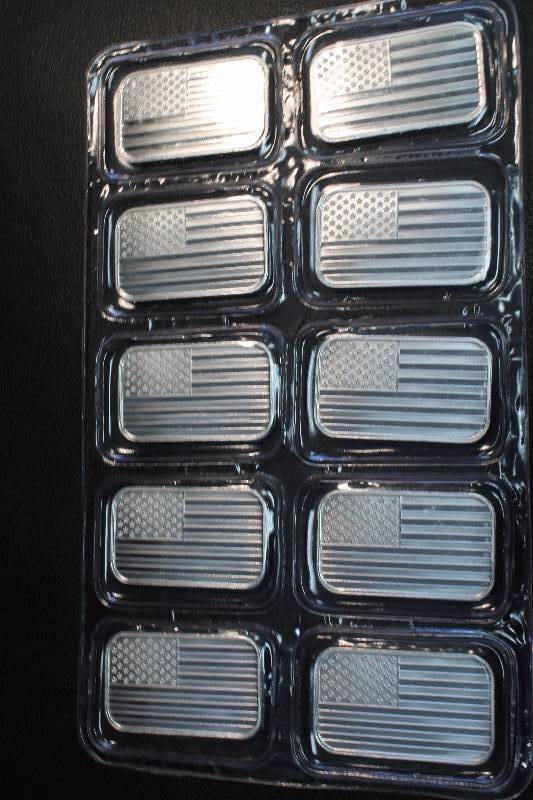 10 - 1 TROY OZ. .999 FINE SILVER BARS US FLAG DESIGN