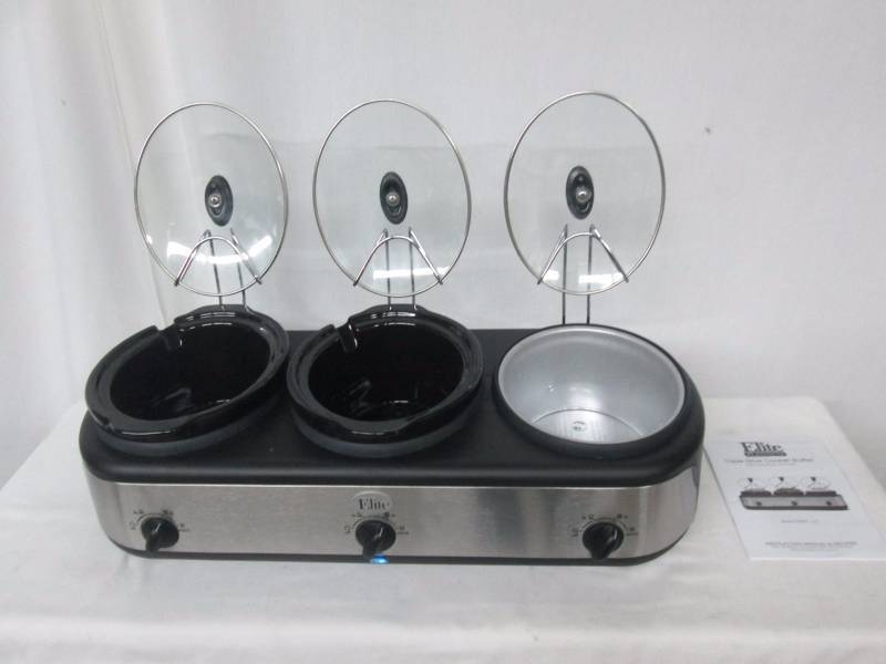 Elite Gourmet Triple Buffet Slow Cooker w Lid Rest