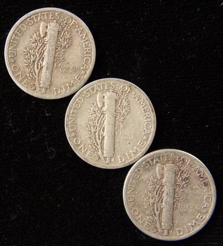 LOT OF 3 MERCURY SILVER DIMES 1945-S 1941-D 1943-D