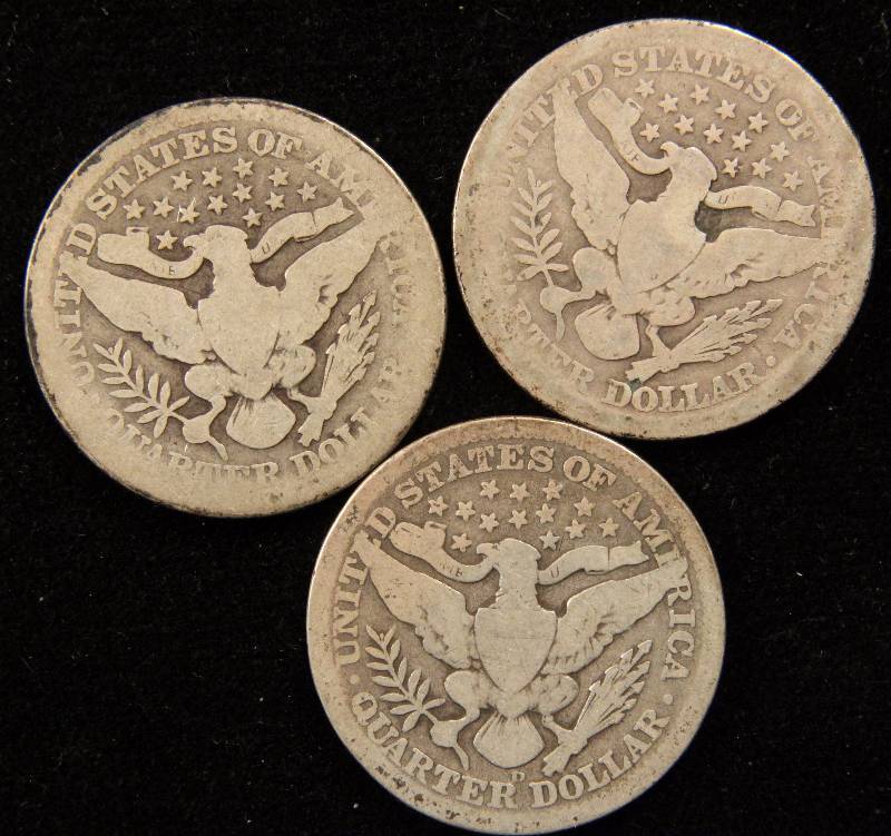 LOT OF 3 BARBER SILVER QUARTERS 1911 1909-D 1914