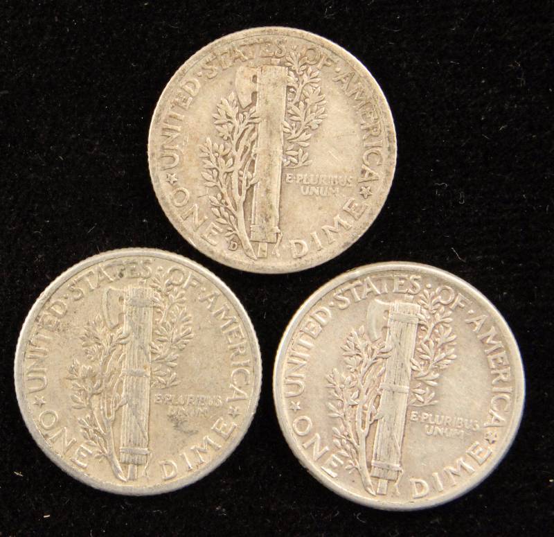 LOT OF 3 MERCURY SILVER DIMES 1940 1937-D 1943