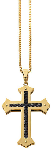 Men�s Goldtone Black Crystal Cross & Bracelet Set