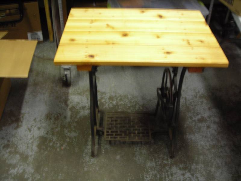 lot 22 image: Custom Made Pine Top Table With Treadle Sewing Machine Frame 30 x 22 x 30 Tall (Working Treadle & Flywheel)