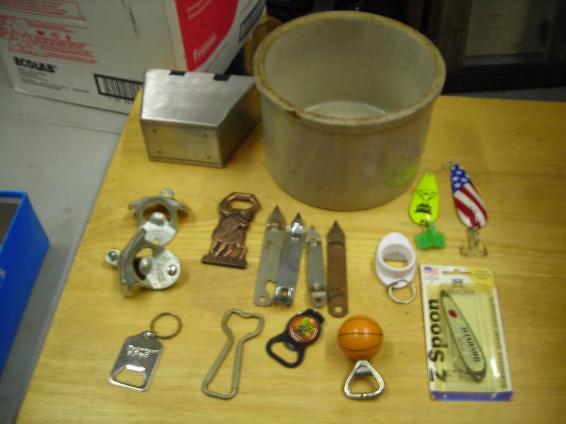 lot 55 image: Crock, Bottle Openers, Key Chains, Fishing Lures