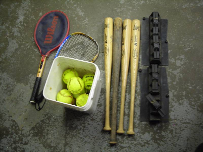 lot 64 image: Baseball Bat, Soft Balls, Tennis Raquet