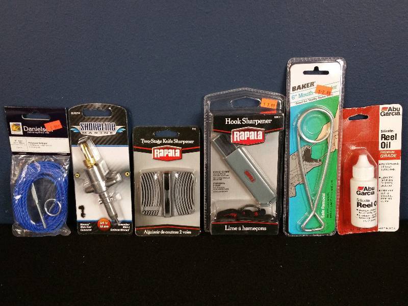 lot 348 image: Rapala Hook & Knife Sharpener, Reel Oil, Mouth-Spreader, Etc.