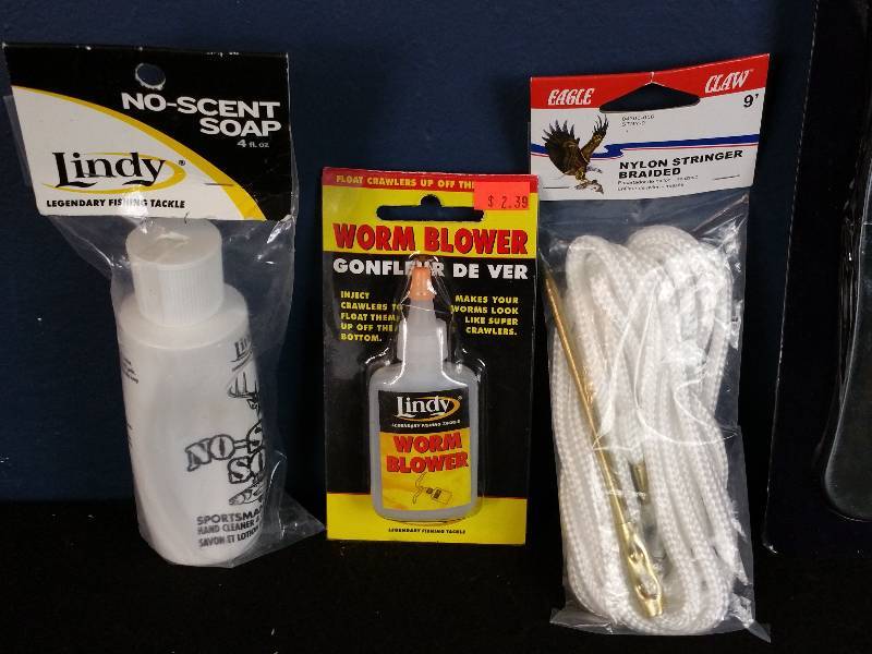 lot 347 image: Danielson Fish Scaler, Lindy Worm Blower, Lindy No-Scent Soap, Etc.