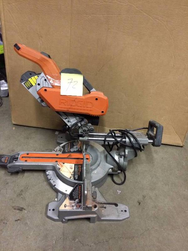 lot 72 image: Ridgid 10 Miter saw- missing the hardware that holds the saw - used tested works