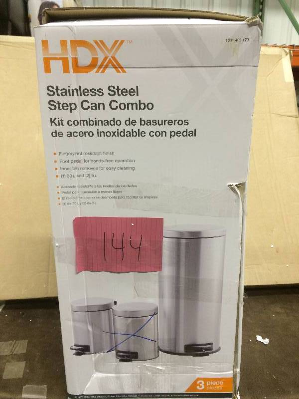 lot 144 image: Lot of 2 Stainless Steel Trash Cans- small dents