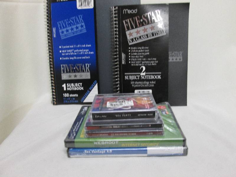 2 Spiral notebooks, Assorted softwa...