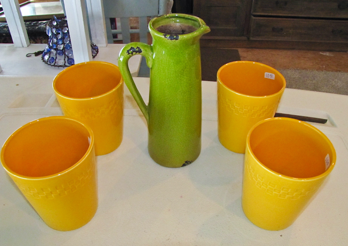 lot 99 image: vintage tall green pitcher and 4 yellow drinking glasses made in portugal