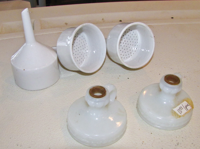 lot 110 image: 3- Coors USA Filter White Porcelain  Lab Funnels 2-  mini candle holders