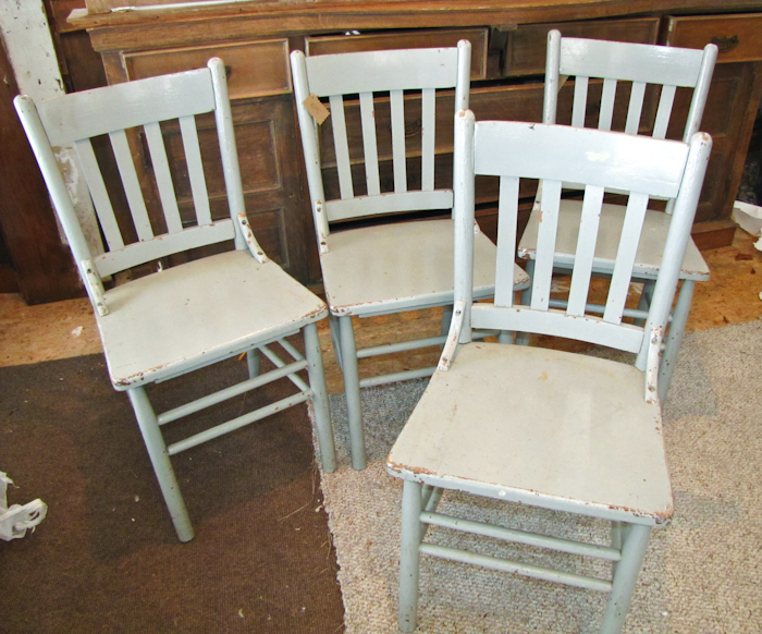 lot 113 image: 4 vintage grey farm table chairs