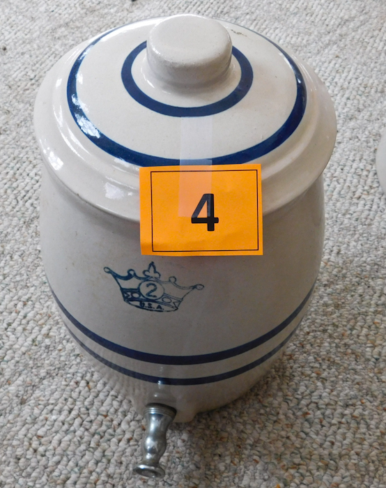 lot 4 image: Robinson Ransbottom Blue Crown 2 Gallon Stoneware Water Cooler with spout and lid