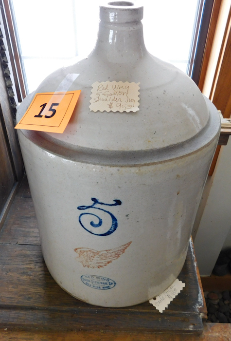 lot 15 image: Red wing crock 5 gallon jug Union Stoneware Co.