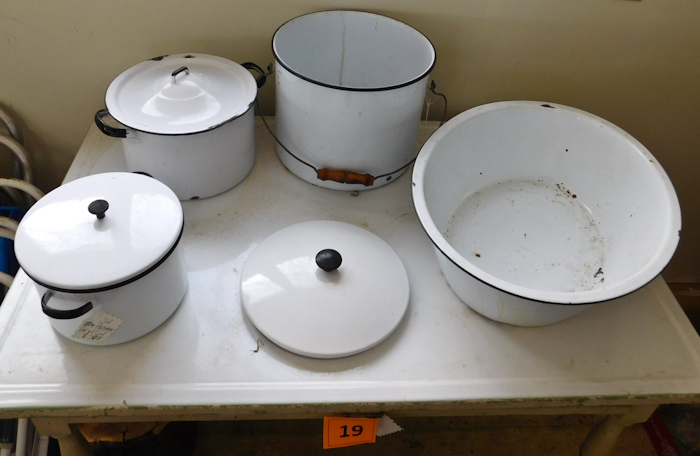lot 20 image: lot of vintage white enamel cook ware please see photos