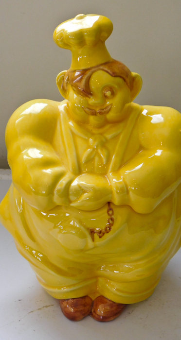 lot 37 image: Red Wing  Pottery Vintage  yellow glaze Chef Pierre Cookie Jar with Lid