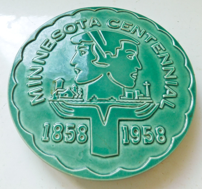 lot 42 image: Red Wing  Pottery Vintage  Minnesota Centennial trivet green color