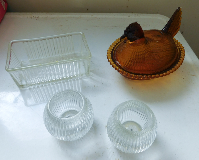 lot 64 image: Amber covered glass hen glass candle holders and refrigerator dish