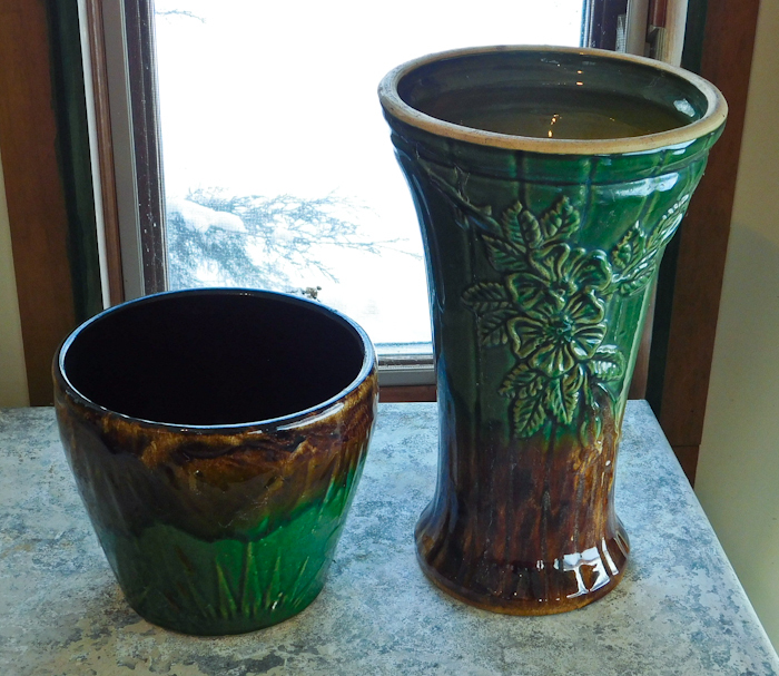 lot 70 image: matching bowl and cylinder style green and brown glazed vases