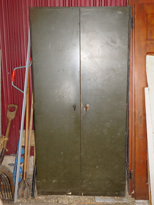 lot 212 image: vintage green metal military cabinet two doors several shelves