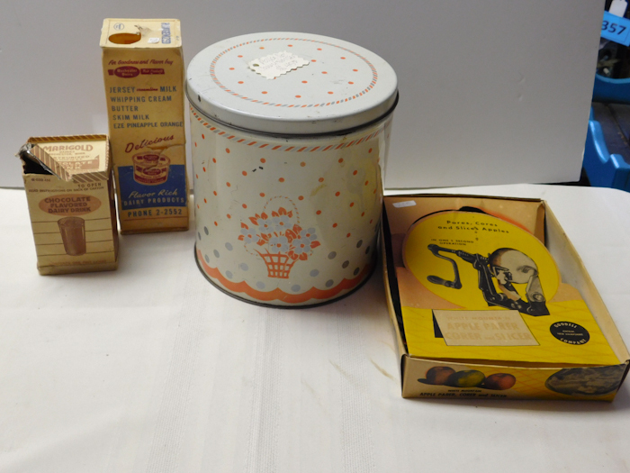 lot 199 image: vintage kitchen items apple peeler, tin canister set vintage wax dairy cartons