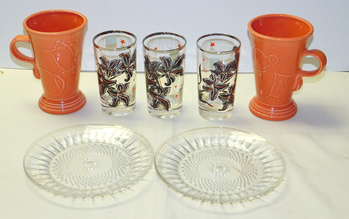 lot 228 image: Two tall Fiesta mugs three vintage gothic drinking glasses two glass plates