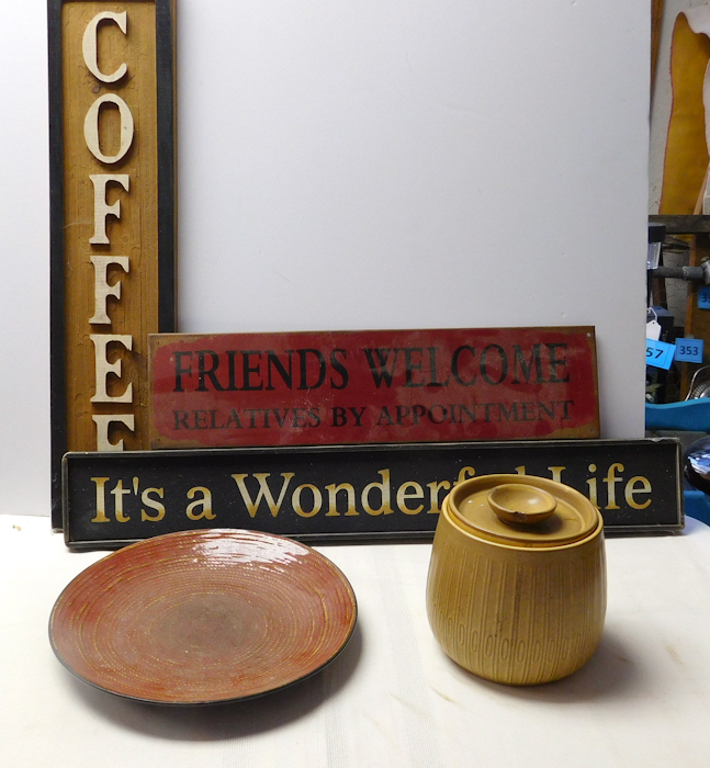 lot 231 image: decorative plate three signs and Red Wing cookie jar with chipped lid