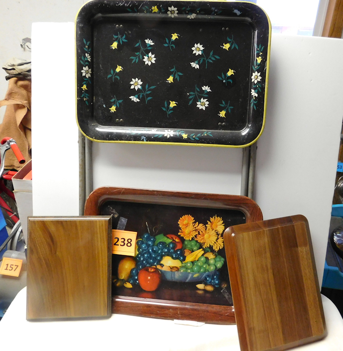 lot 238 image: two walnut plaques vintage TV tray stand and tin serving tray