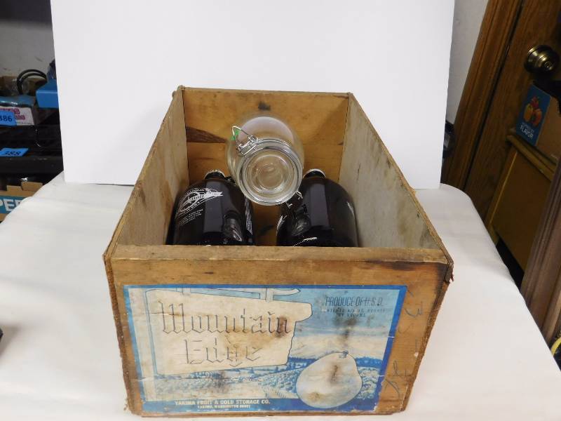 lot 181 image: Vintage wood fruit crate & vintage glass bottles
