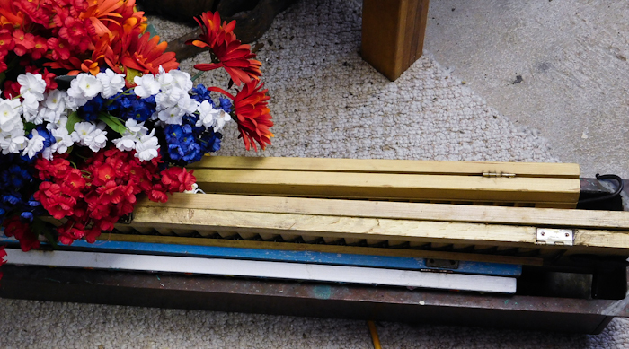 lot 245 image: copper tray 6 panels of small shutters and some artificial flowers