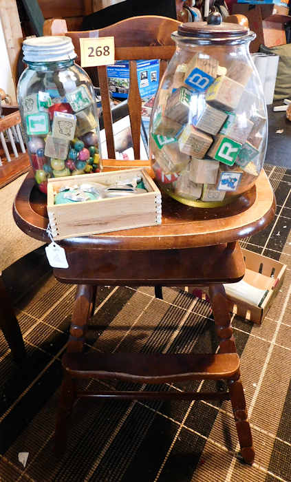 lot 268 image: vintage high chair Ball jars and vintage jar of alphabet blocks
