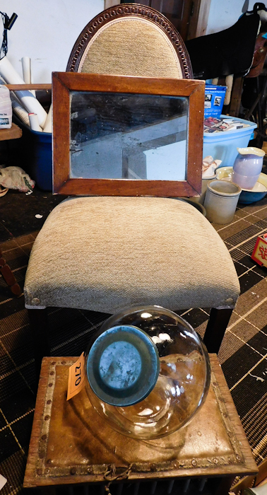 lot 270 image: vintage recovered chair antique stool antique mirror and glass jar