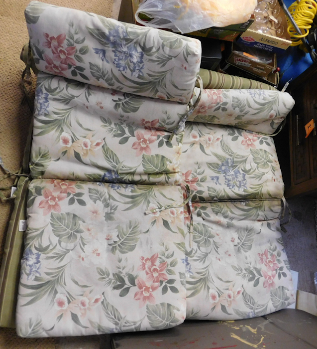 lot 334 image: Solid wood patio deck chairs benches and cushions
