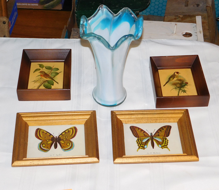 lot 311 image: two vintage framed bird prints two butterfly prints and glass vase