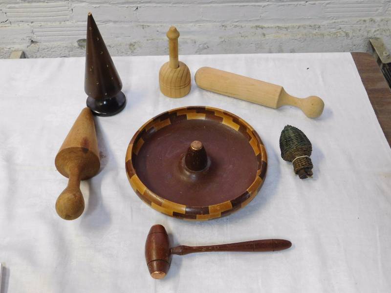 lot 85 image: lot of wooden items large round nut cracker bowl and hammer mallet