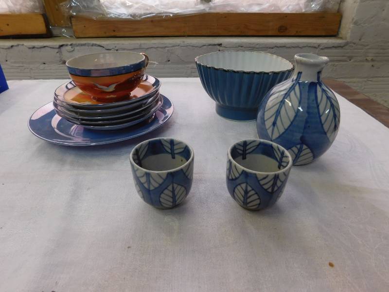 lot 91 image: Sake pitcher two Sake cups, a rice bowl and coffee cup and saucers