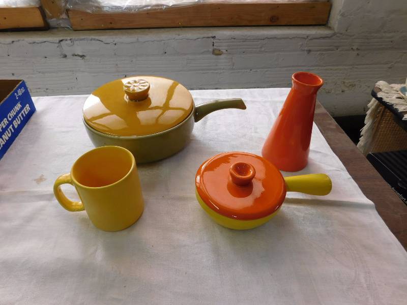 lot 94 image: group of colorful pots with lids a cup and vase