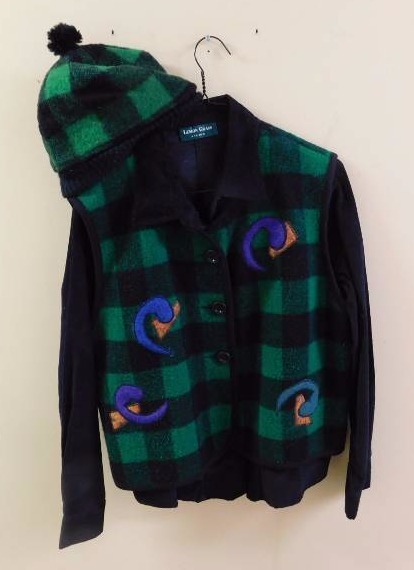 lot 107 image: Pinwheel striped corduroy blouse Wool vest and hat  buffalo plaid