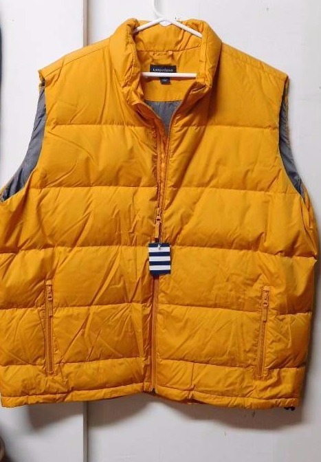 lot 117 image: New unworn tag still on Lands End down filled goldenrod mens vest Sz 3X