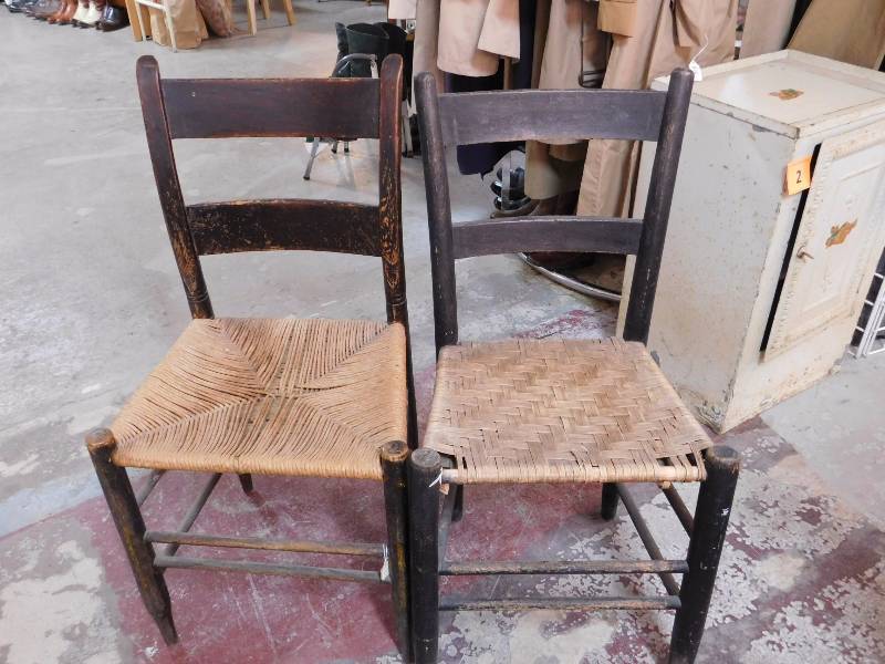 lot 143 image: pair of old farm chairs with cane strung seat