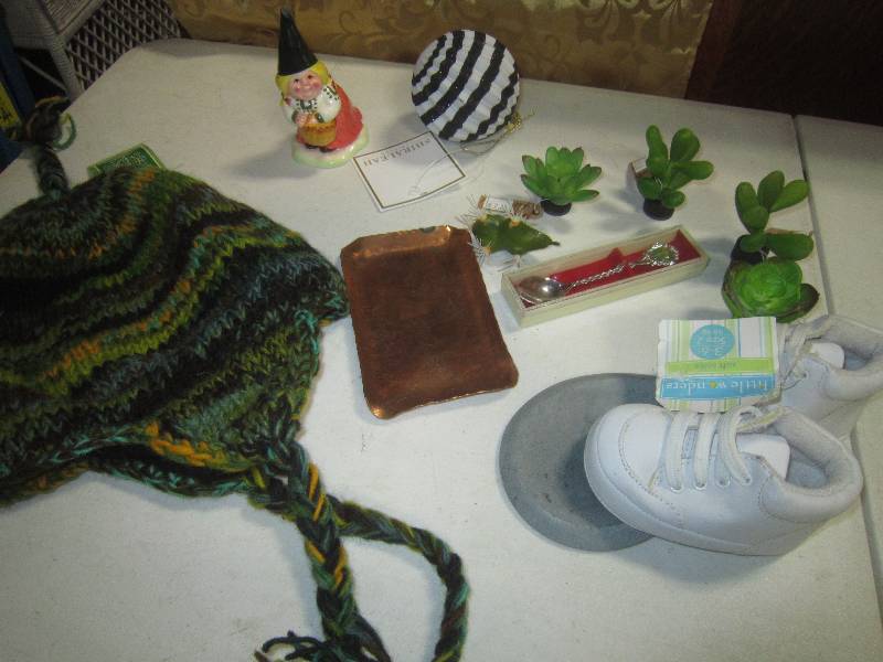 New Pair of Baby Shoes, Winter Hat, Copper Dish, Gorham Witch Spoon, MISC