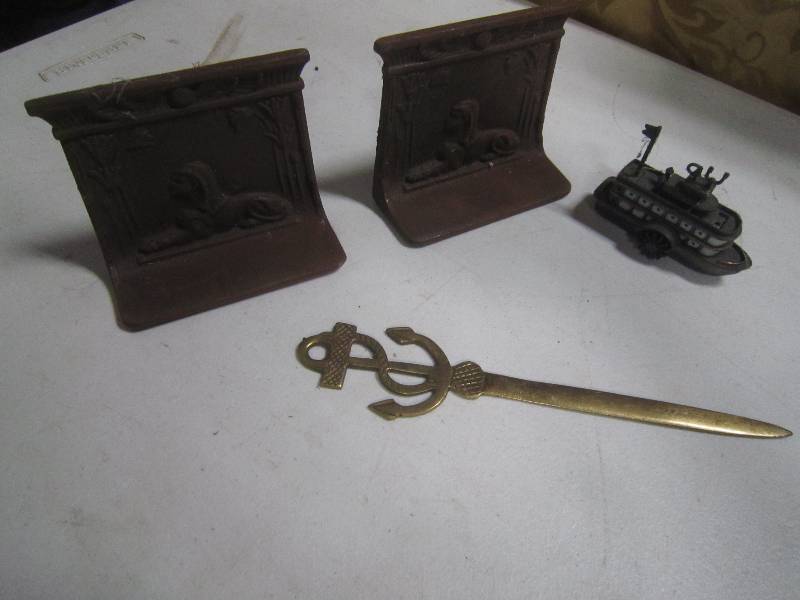 Pair of Metal Bookends, Steamboat Pencil Sharpener, Brass Letter Opener