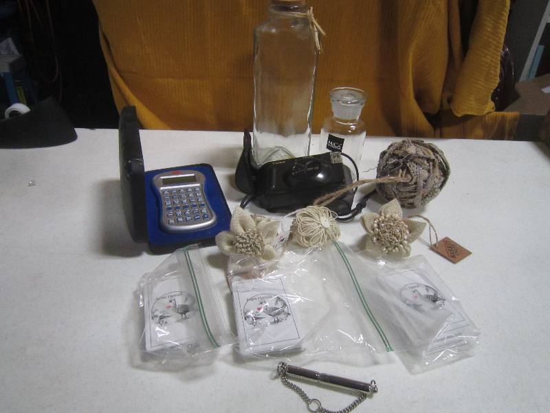 Misc Box Jars with Lids Triple A Trip Wizard, Cannon Camera, Dog Whistle, Misc