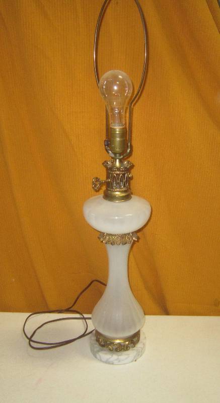 32 White Glass Lamp Marble Base with Leaf and Grape Brass
