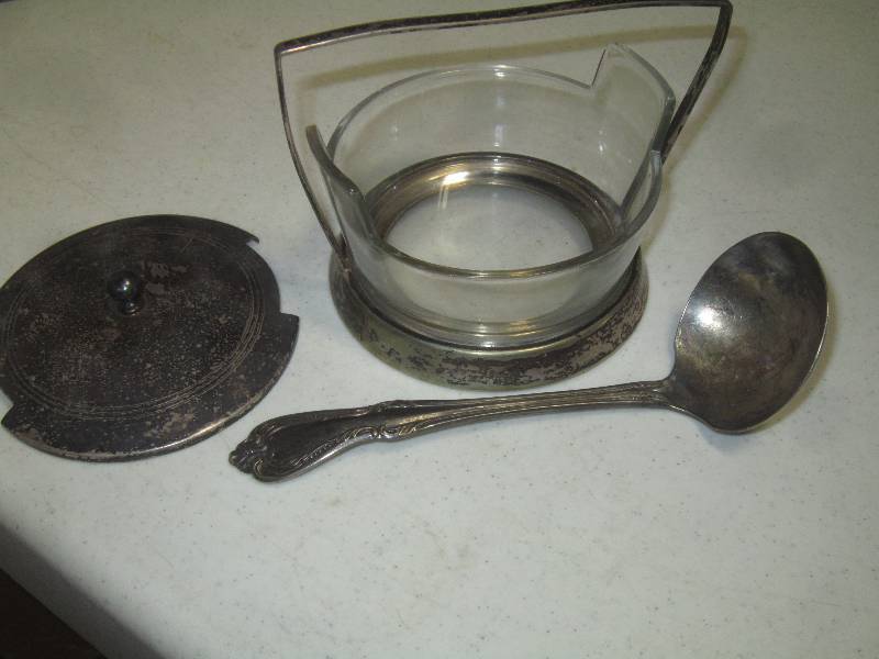 Covered Silver Glass Dish, Silver Serving Spoon WMA Rogers Onieda