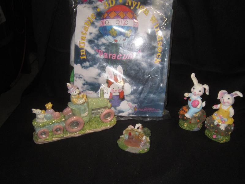Easter Lot Inflatable Bunny Windsock, Pair Bunnies sitting on Eggs, Bunny Figurine frosted Bunny on Tractor