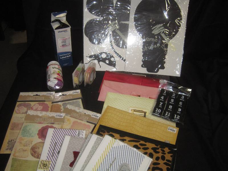 Office Supply Lot - Label Rolls for Stamps.com New Highlighters, New Fabric Tape, Canvas Stickers, Cards, Envelopes, Clutch Bag Cards