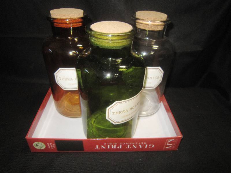3 Jars with Cork Top 8 Brown, Green & Clear