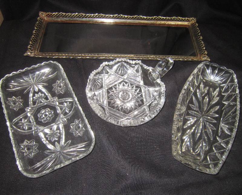 Dresser Mirror 16 x 6 12 Celery Dish 9 12 x 4 12 Pressed Glass Serving Dish, Handled Candy Dish